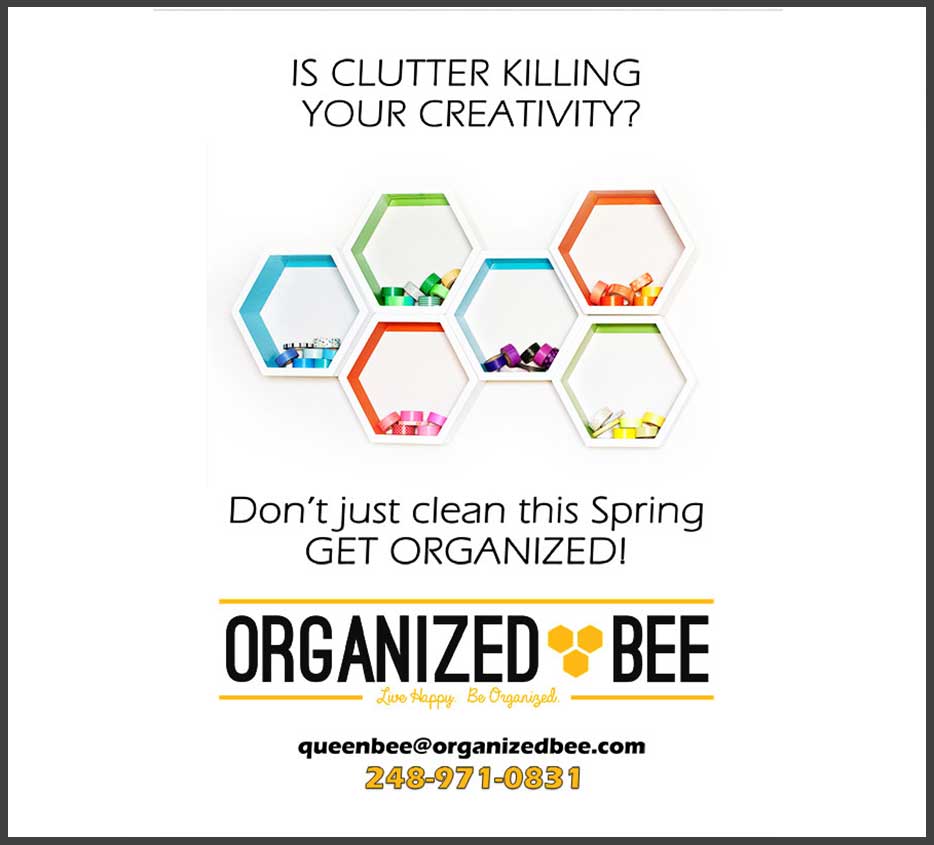 Is Clutter killing your Creativity? Organized Bee can help! Organizational promo flyer.